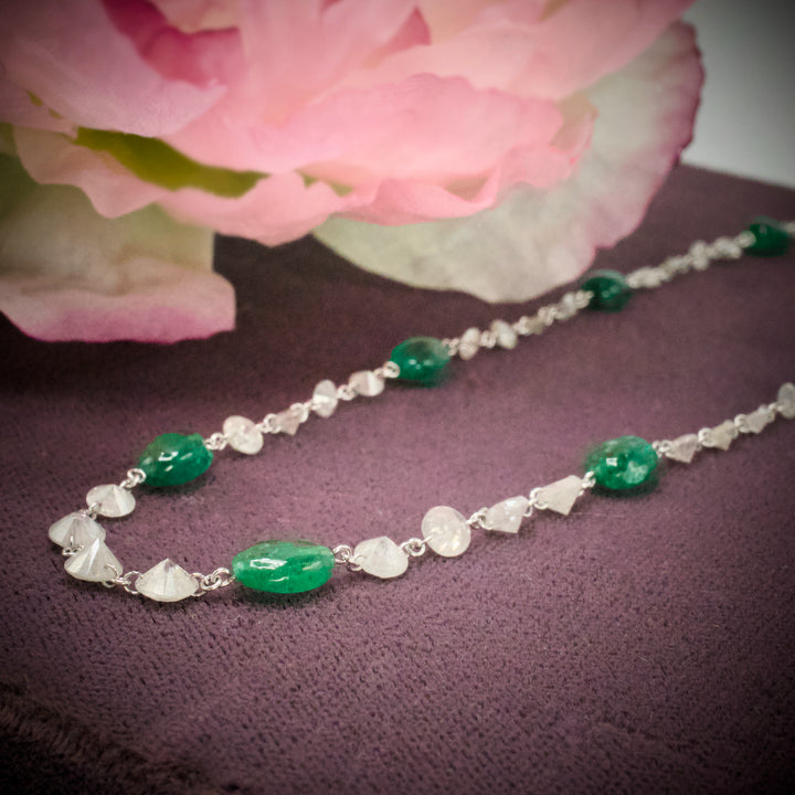 Platinum Drilled Diamond and Cabochon Emerald Necklace