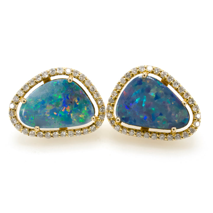 Organic Shaped Opal Earrings with Diamond Surround in 14K Yellow Gold