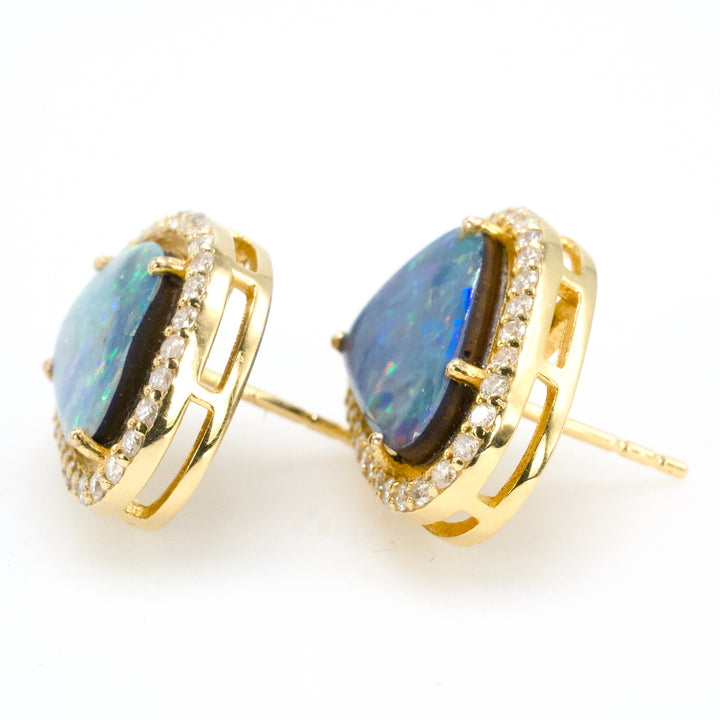 Organic Shaped Opal Earrings with Diamond Surround in 14K Yellow Gold