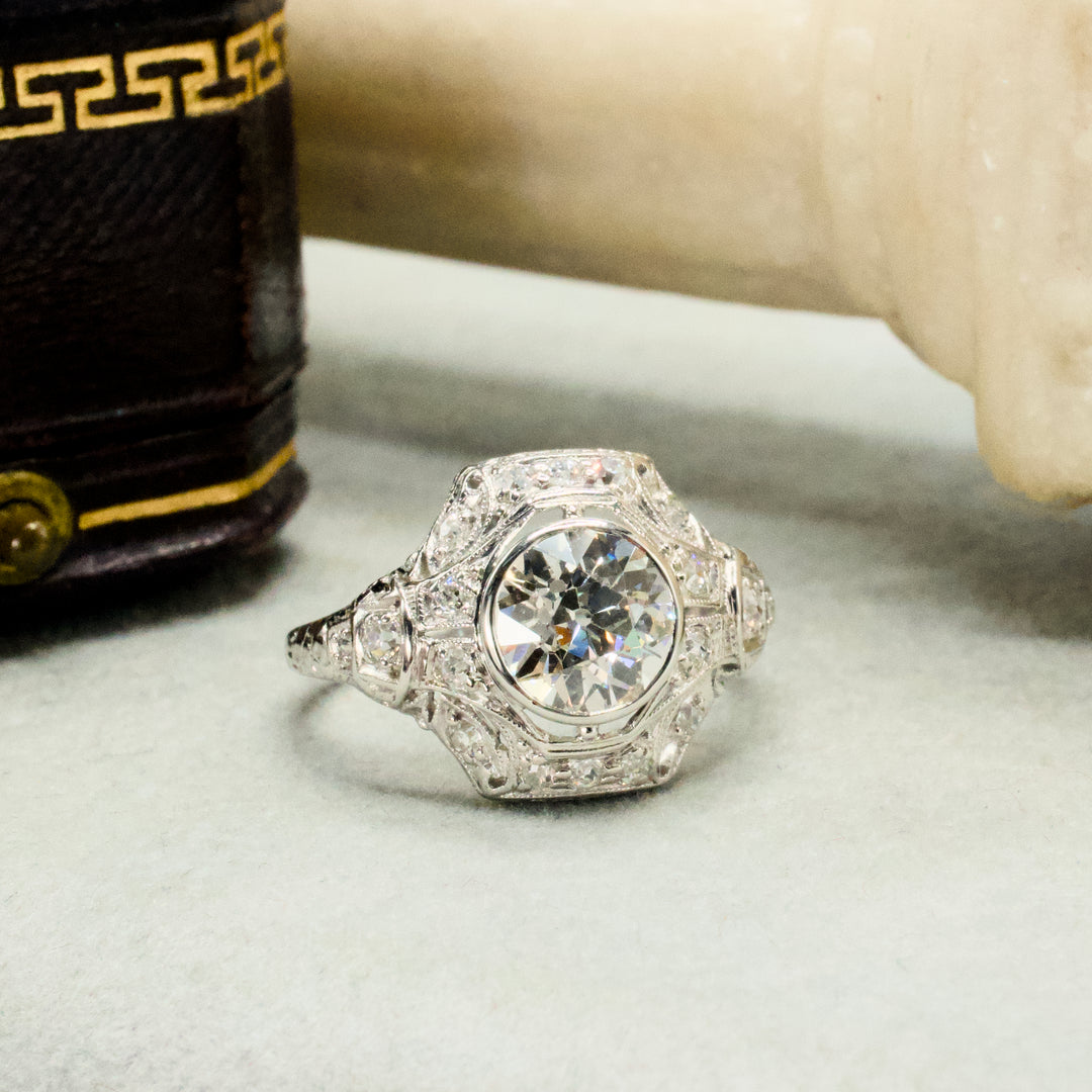 Edwardian Platinum Engagement Ring with 1.62 Carat Old European Cut Center Diamond