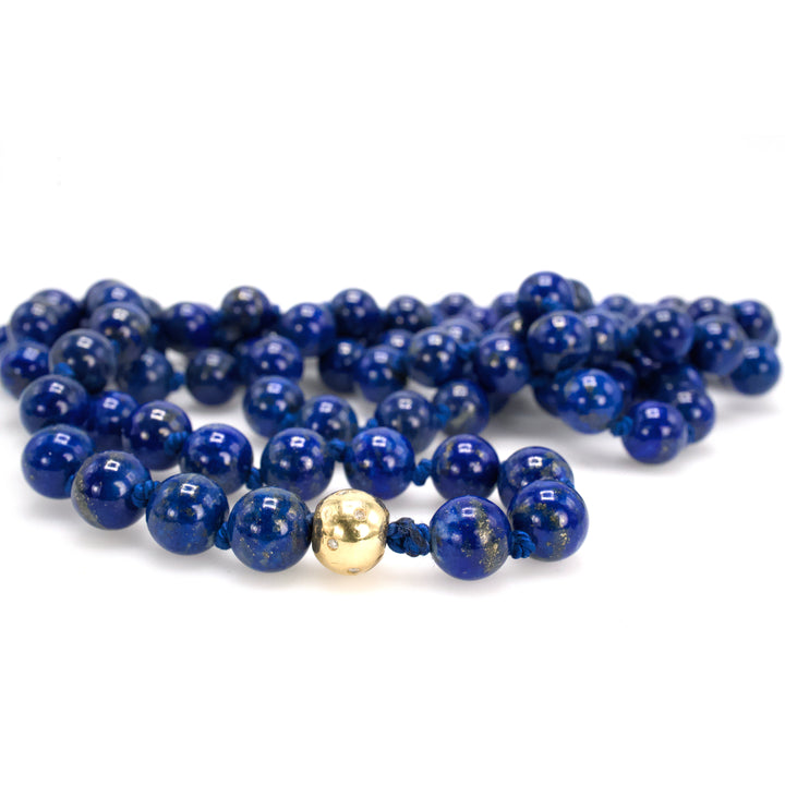 Estate 39" Endless 8mm Lapis Lazuli Beaded Necklace with Gold and Diamond Ball