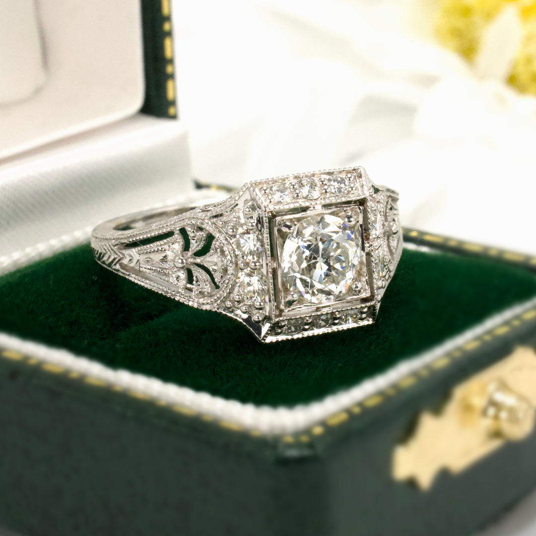 0.56 Carat Old European Cut Diamond in Art Deco Style White Gold Square Setting with Filigree