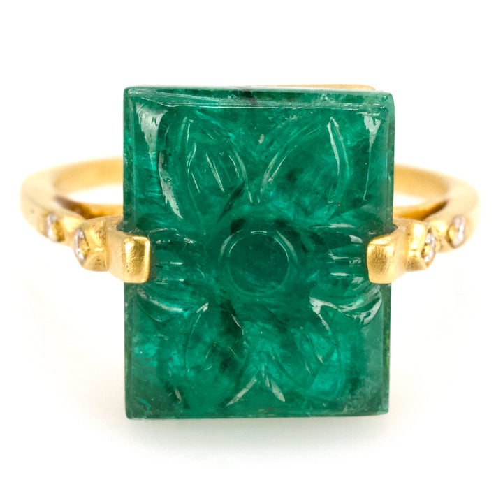 Carved Rectangular Emerald in 18 Karat Gold Ancient Inspired Ring