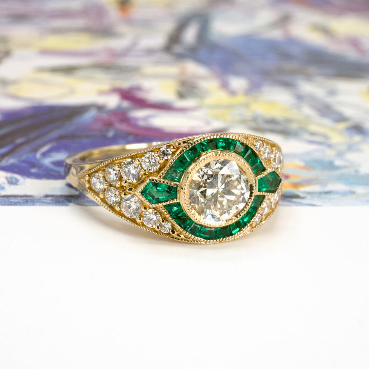 Art Deco Style European Cut Diamond Ring with Accent Emeralds and Pavé Diamonds