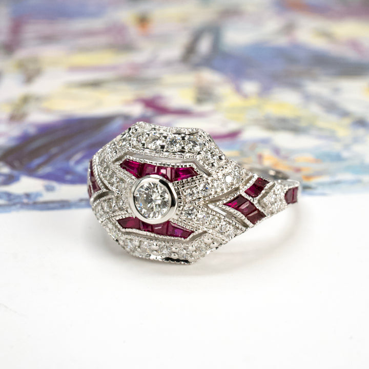 14K White Gold Diamond and Ruby Art Deco Style Engagement Ring