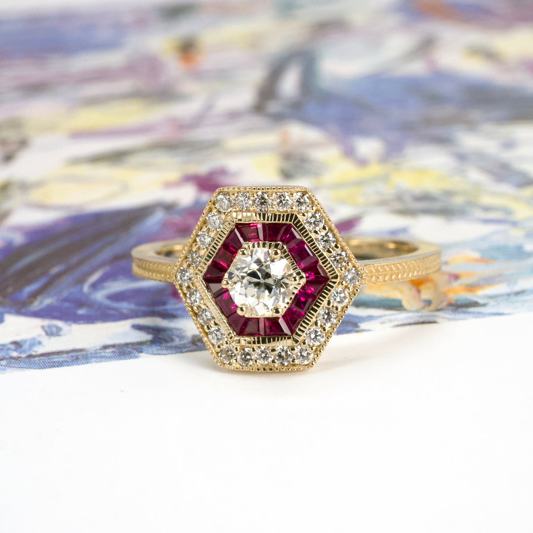 Shield or Hexagonal Shaped Diamond and Ruby Double Halo Art Deco Style Ring