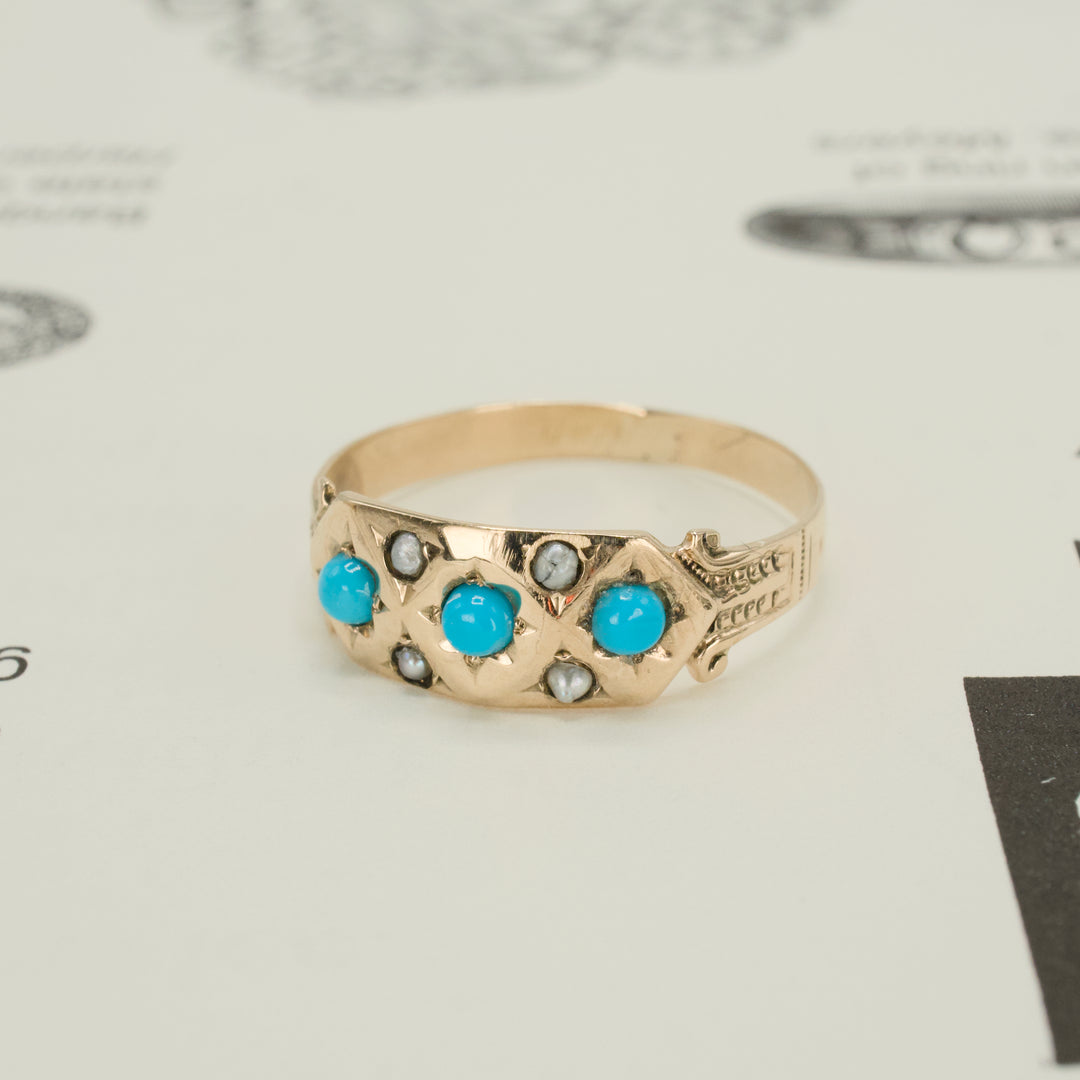 Victorian 9K Yellow Gold Turquoise and Seed Pearl Band