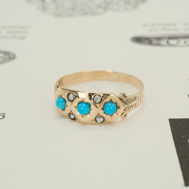 Victorian 9K Yellow Gold Turquoise and Seed Pearl Band