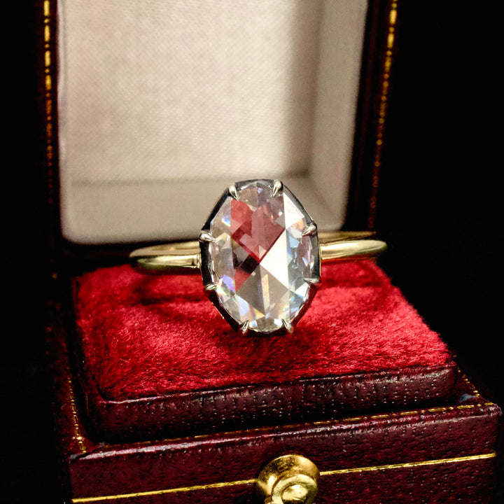 Georgian Style Solitaire with 1.61 Carat Oval Rose Cut Lab Diamond in Sterling Silver and Gold