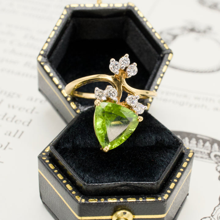 21K Gold Trillion Cut Peridot and Diamond Ring