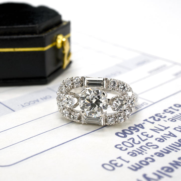 Vintage Estate 1.04 Carat Old European Cut Diamond Open Top Ring with Baguette Accents