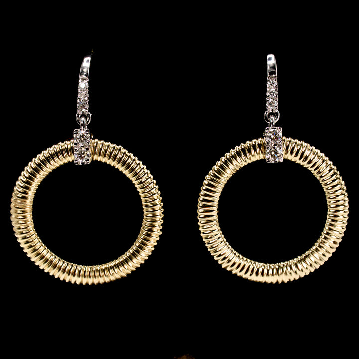 14K Yellow Gold and Diamond Drop Hoop Earrings