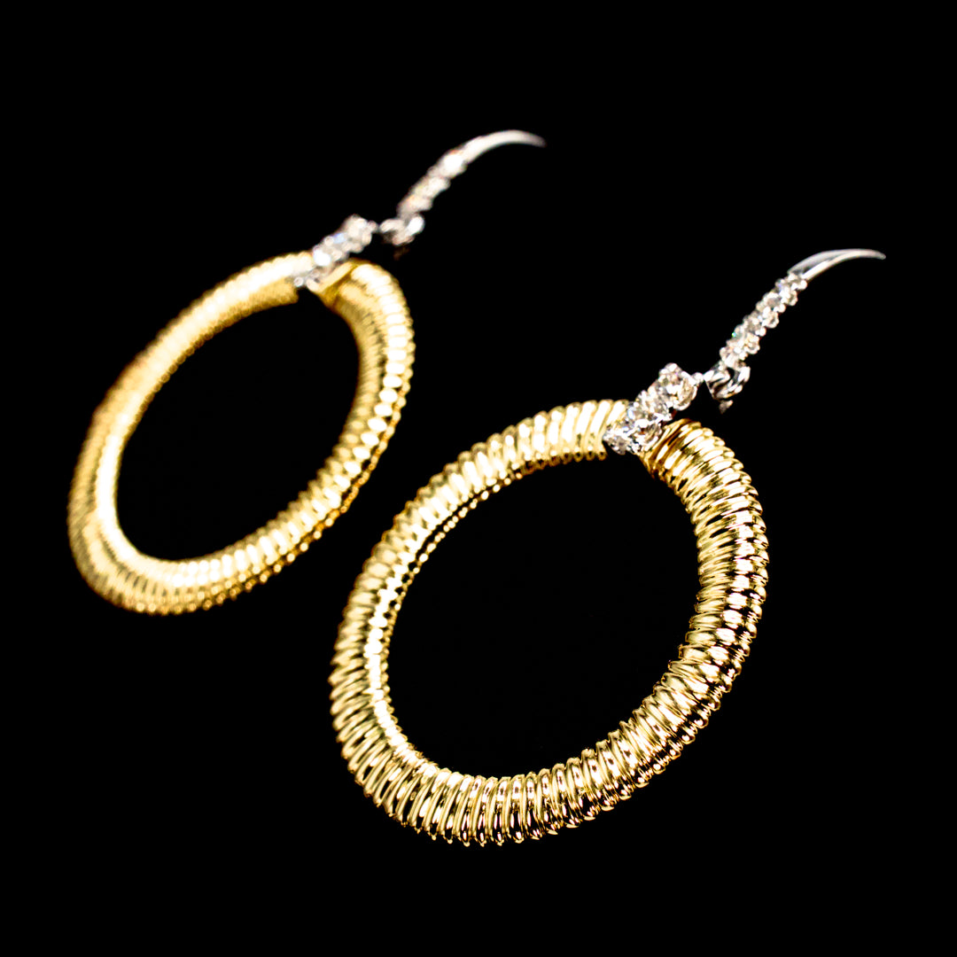 14K Yellow Gold and Diamond Drop Hoop Earrings