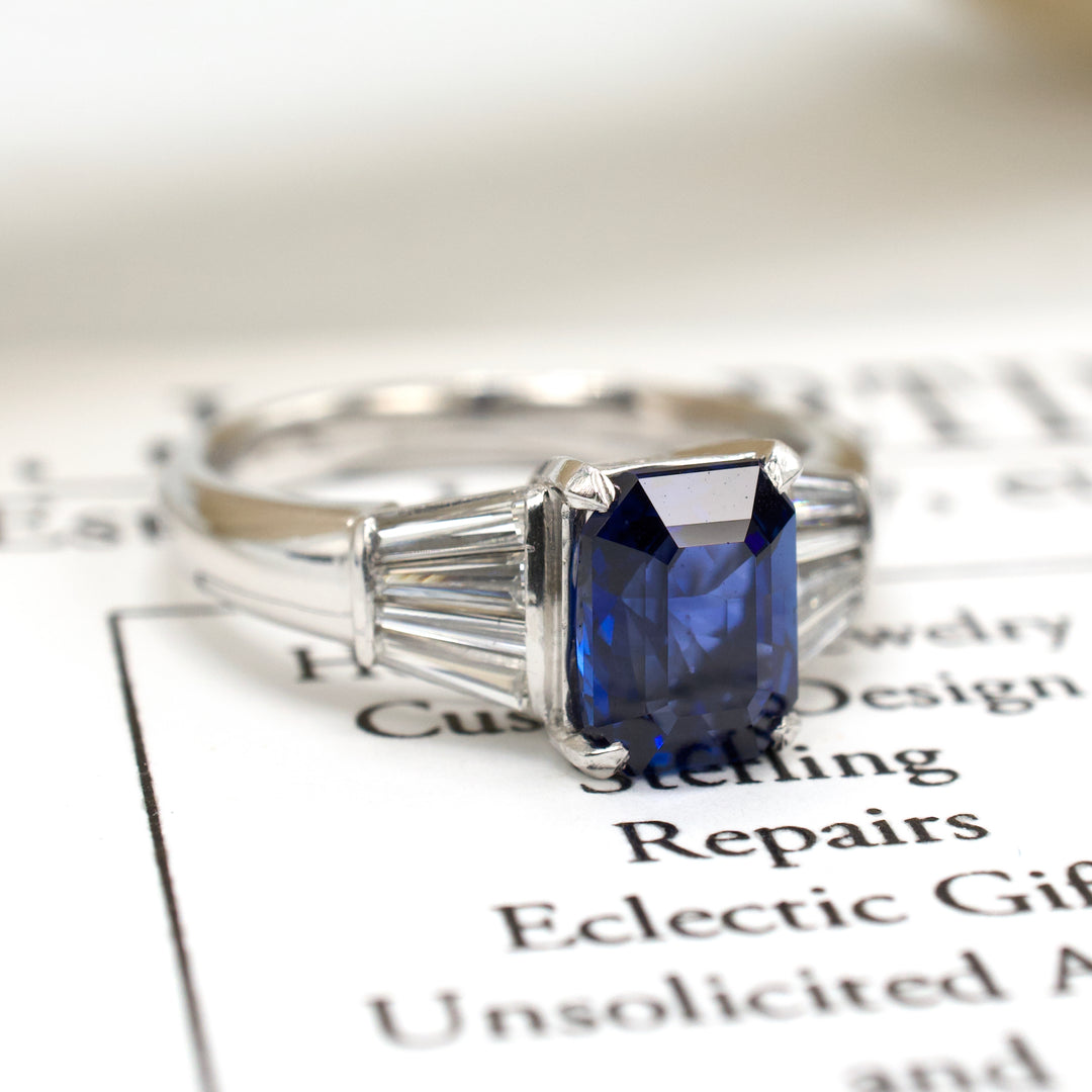 Estate GIA Ceylon Blue Sapphire Ring with Tapered Baguettes in Platinum