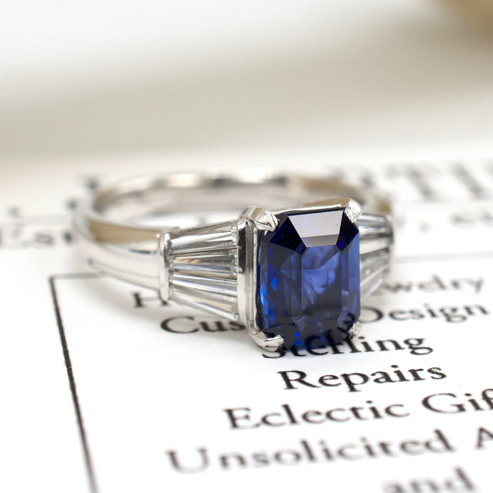 Estate GIA Ceylon Blue Sapphire Ring with Tapered Baguettes in Platinum