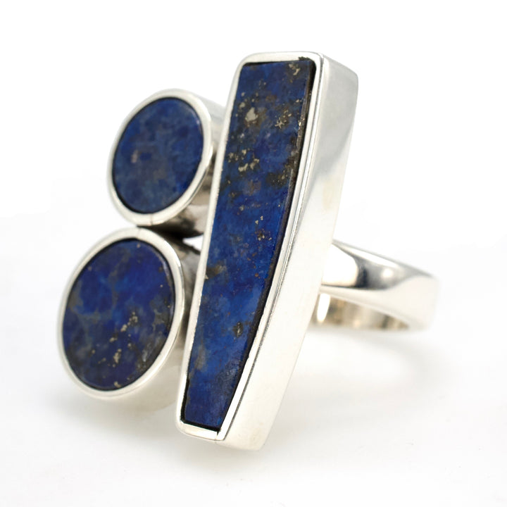 Mexican Designed Sterling Silver and Lapis Lazuli Oversized Geometric Ring