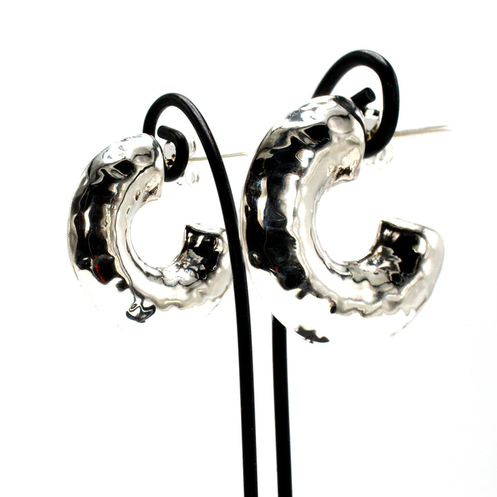Thick Hammered Puffy Sterling Silver Hoop Earrings