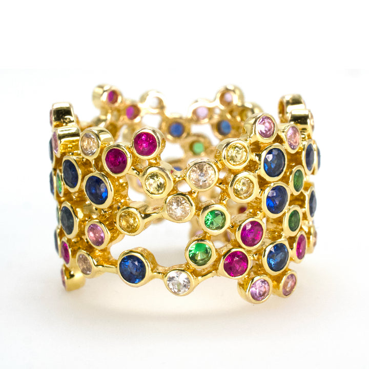Wide 14K Yellow Gold Confetti Style Ring with Multicolored Sapphires