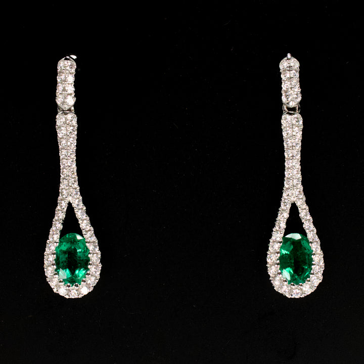 18K White Gold Diamond and Emerald Drop Earrings