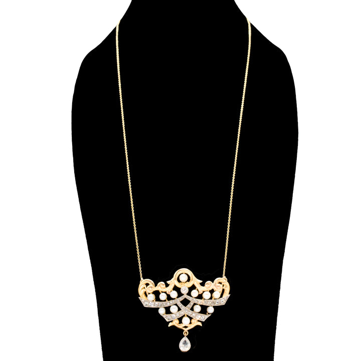 Art Nouveau Rose and Old Mine Cut Diamond and Pearl Necklace