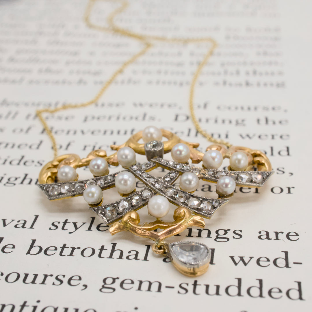 Art Nouveau Rose and Old Mine Cut Diamond and Pearl Necklace