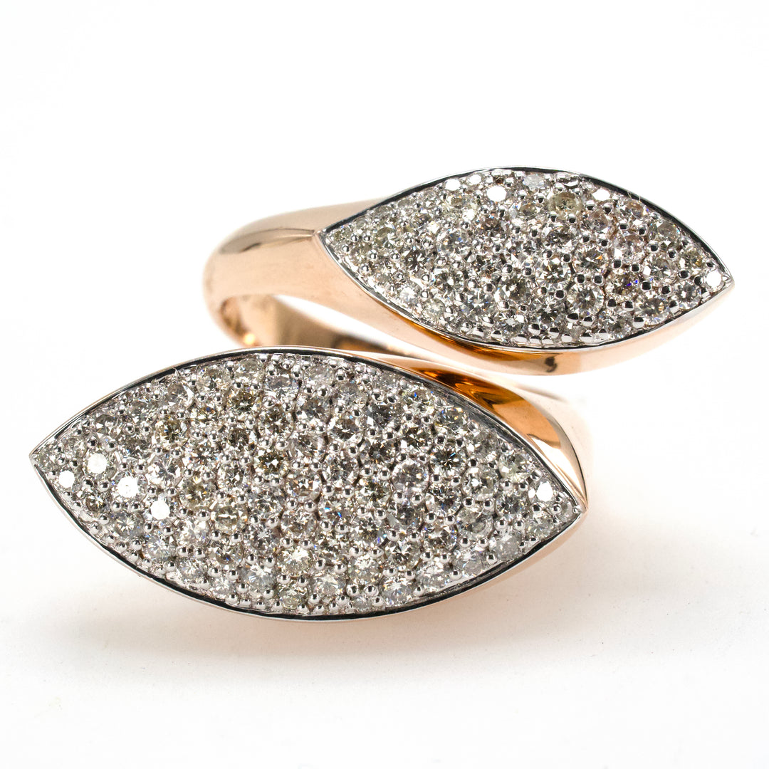 Italian Rose Gold Oversized Double Marquise Shaped Pavé Diamond Bypass Ring