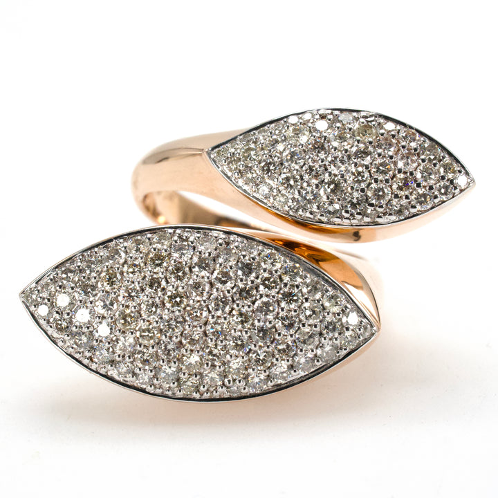 Italian Rose Gold Oversized Double Marquise Shaped Pavé Diamond Bypass Ring