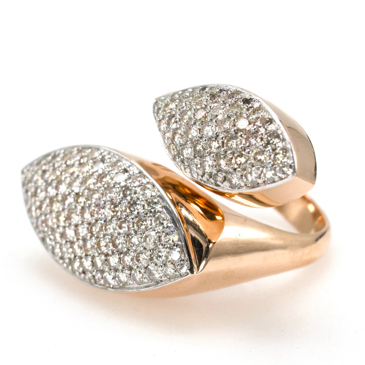 Italian Rose Gold Oversized Double Marquise Shaped Pavé Diamond Bypass Ring