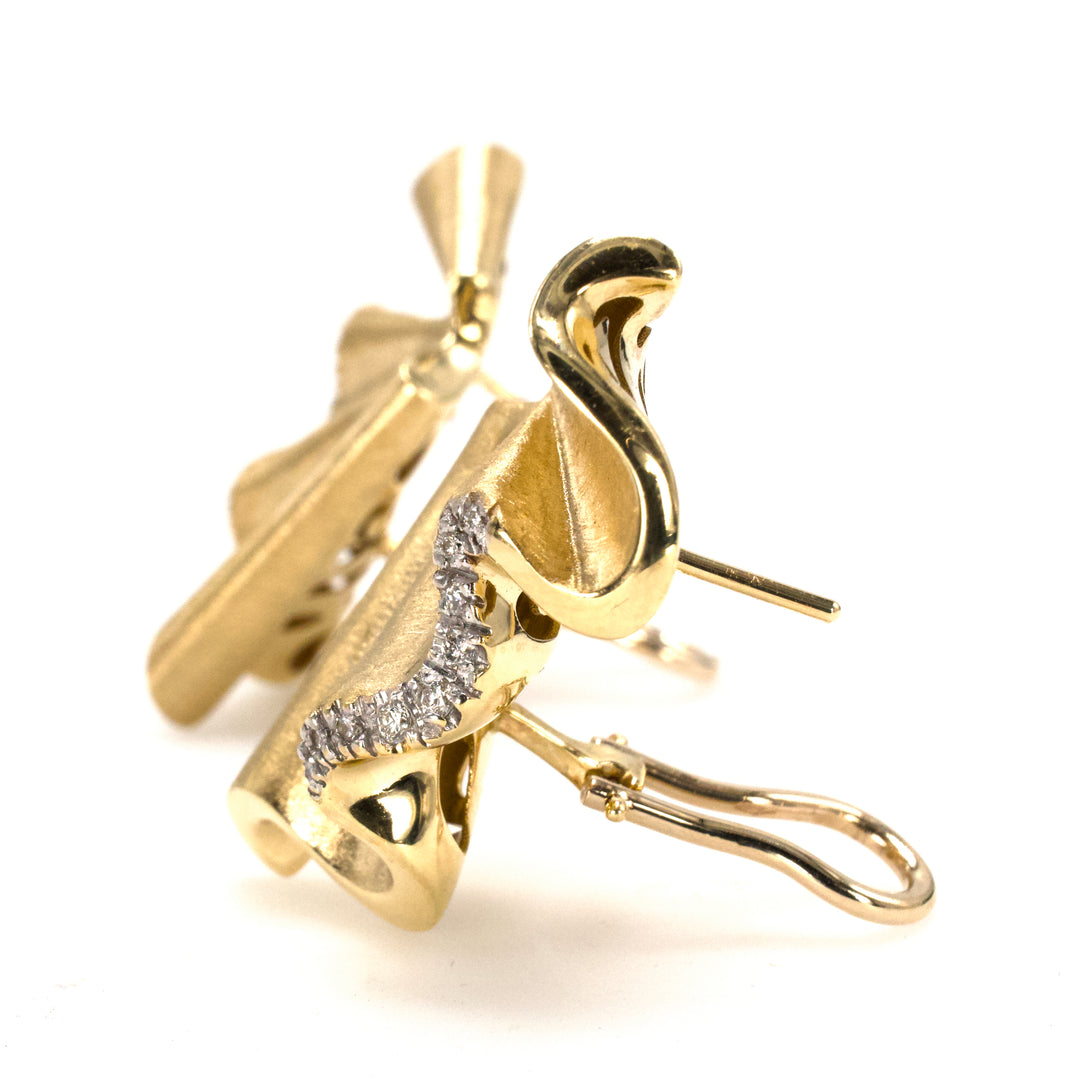 Italian Folded Fan Style 14K Gold Omega Back Earrings with Diamond Trim