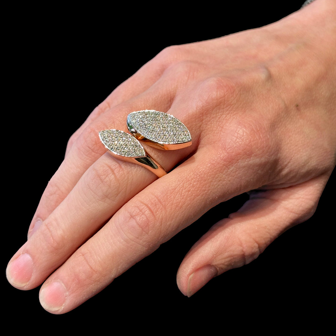 Italian Rose Gold Oversized Double Marquise Shaped Pavé Diamond Bypass Ring