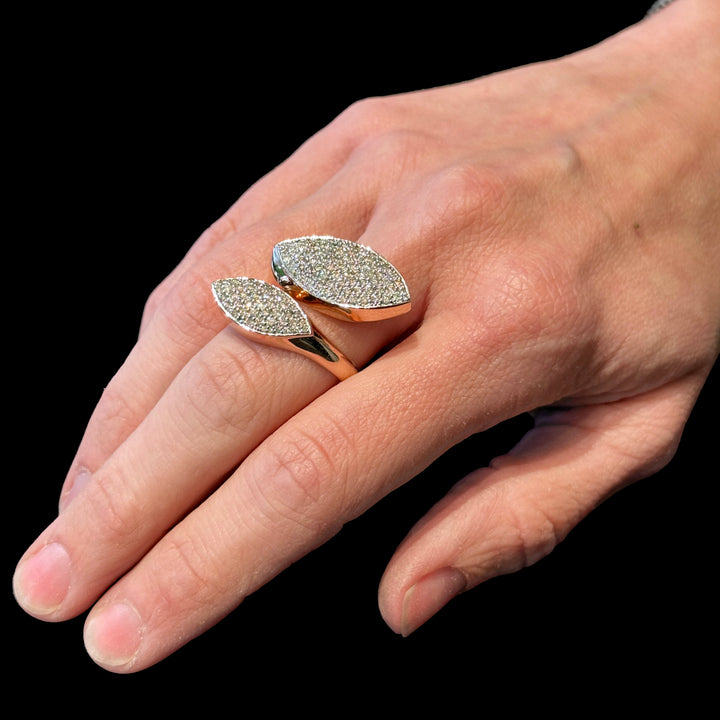 Italian Rose Gold Oversized Double Marquise Shaped Pavé Diamond Bypass Ring