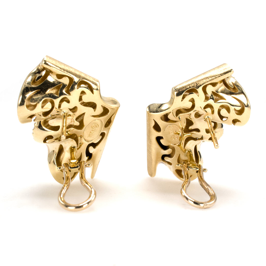 Italian Folded Fan Style 14K Gold Omega Back Earrings with Diamond Trim