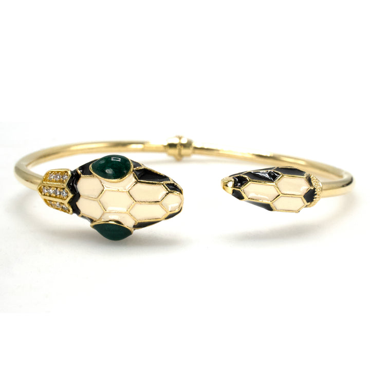 Italian 14K Yellow Gold, Enamel, and Diamond Hinged Snake Bangle