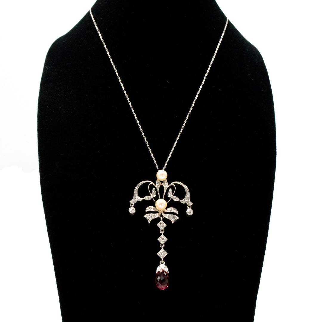 Edwardian Platinum and 14K Gold Bow Style Necklace with Rubellite
