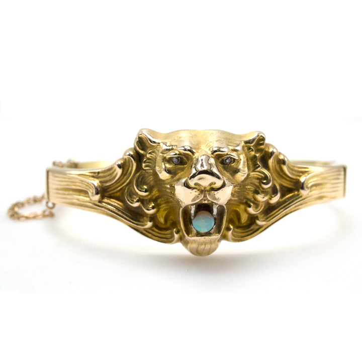 Original Victorian Art Nouveau 14K Gold Lion Bracelet with Opal and Diamonds