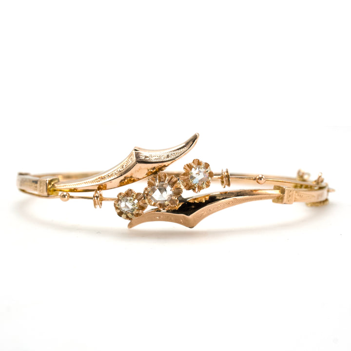 Antique Victorian Yellow Gold Bangle Bracelet with Buttercup Set Rose Cut Diamonds