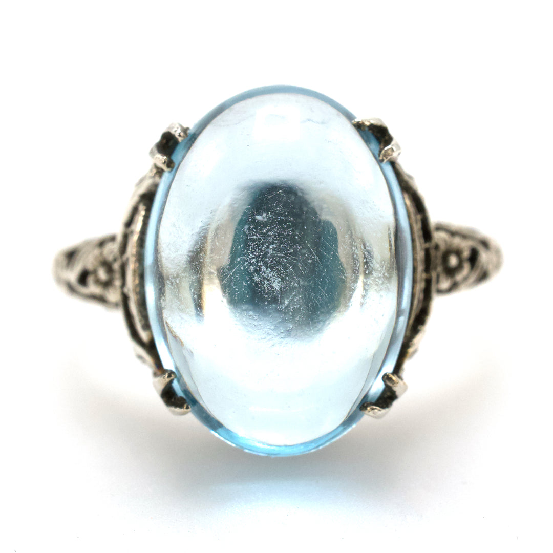 Estate Edwardian Style Filigree Solitaire in Sterling Silver with Cabochon Blue Topaz