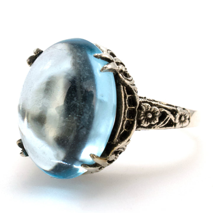 Estate Edwardian Style Filigree Solitaire in Sterling Silver with Cabochon Blue Topaz