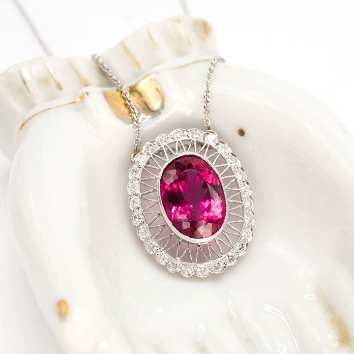 Estate 7.25 carat Oval Rubellite and Diamond Pendant Necklace