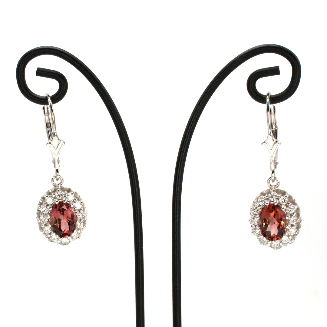 18K White Gold Peach Tourmaline and Diamond Halo Drop Earrings