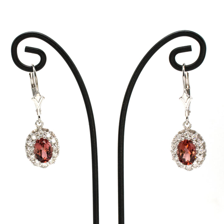 18K White Gold Peach Tourmaline and Diamond Halo Drop Earrings
