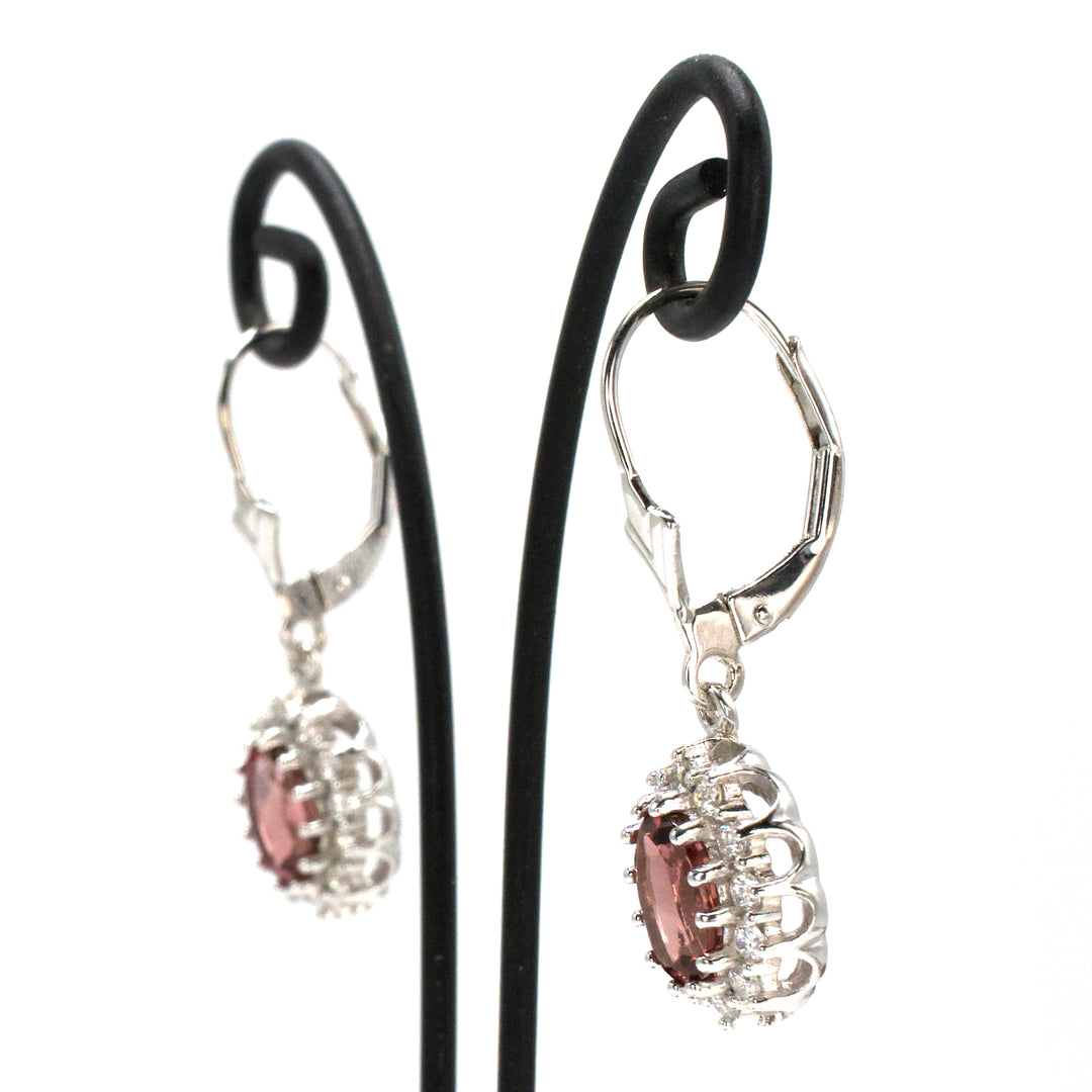 18K White Gold Peach Tourmaline and Diamond Halo Drop Earrings