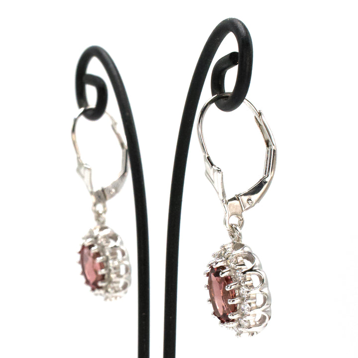 18K White Gold Peach Tourmaline and Diamond Halo Drop Earrings