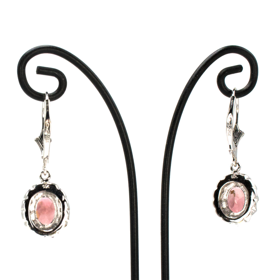 18K White Gold Peach Tourmaline and Diamond Halo Drop Earrings