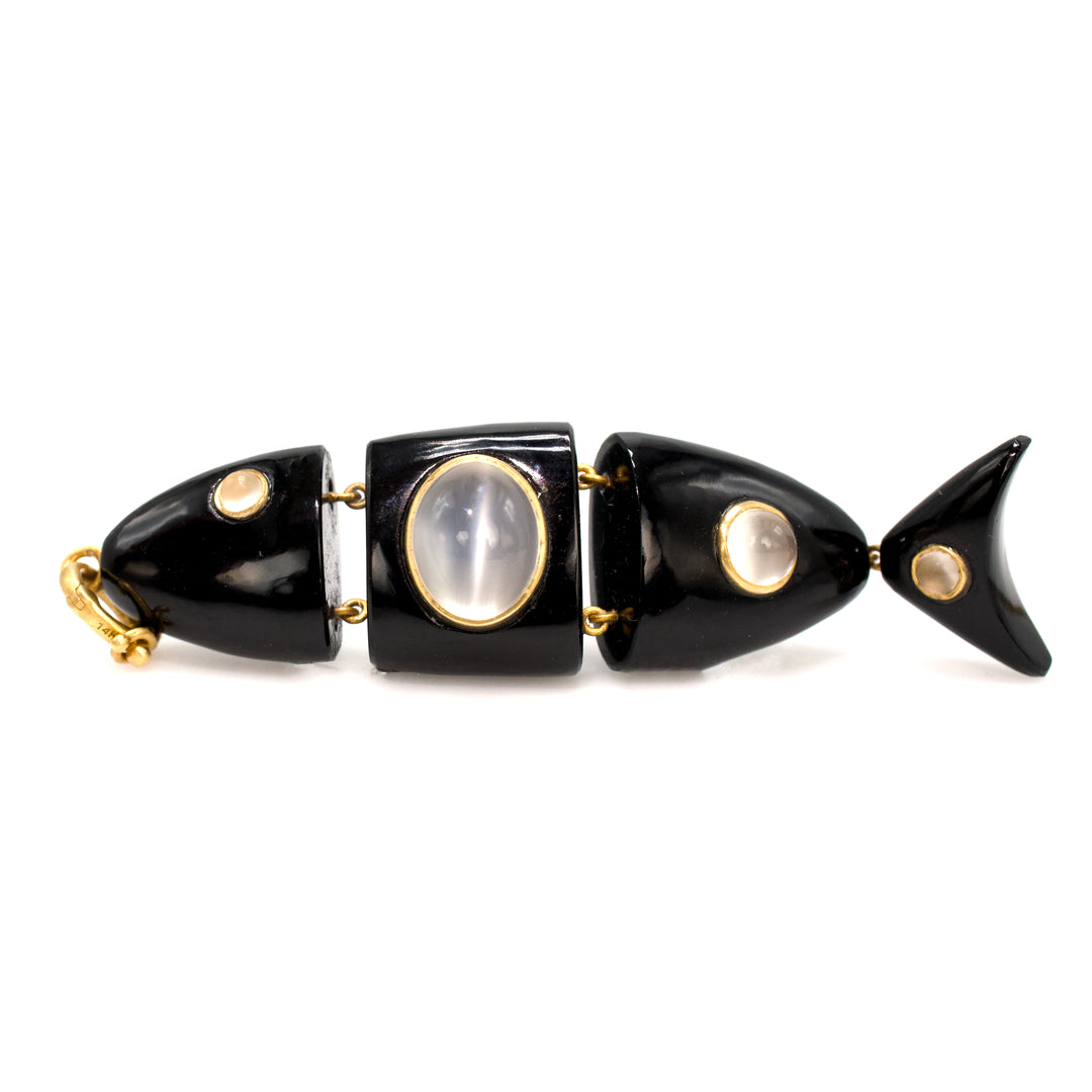 Onyx and Moonstone Articulated Gold Fish Pendant