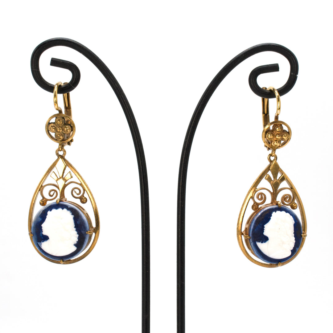 Estate Etruscan Revival Style Ceramic Cameo Gold Earrings