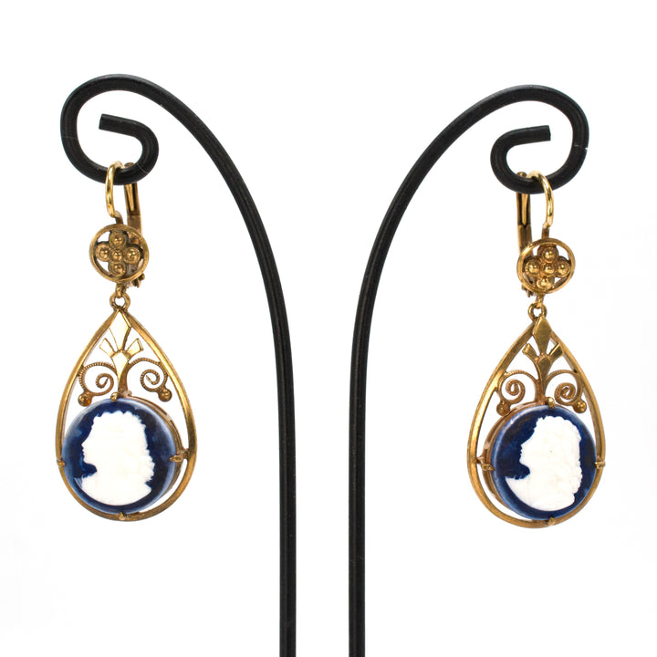Estate Etruscan Revival Style Ceramic Cameo Gold Earrings
