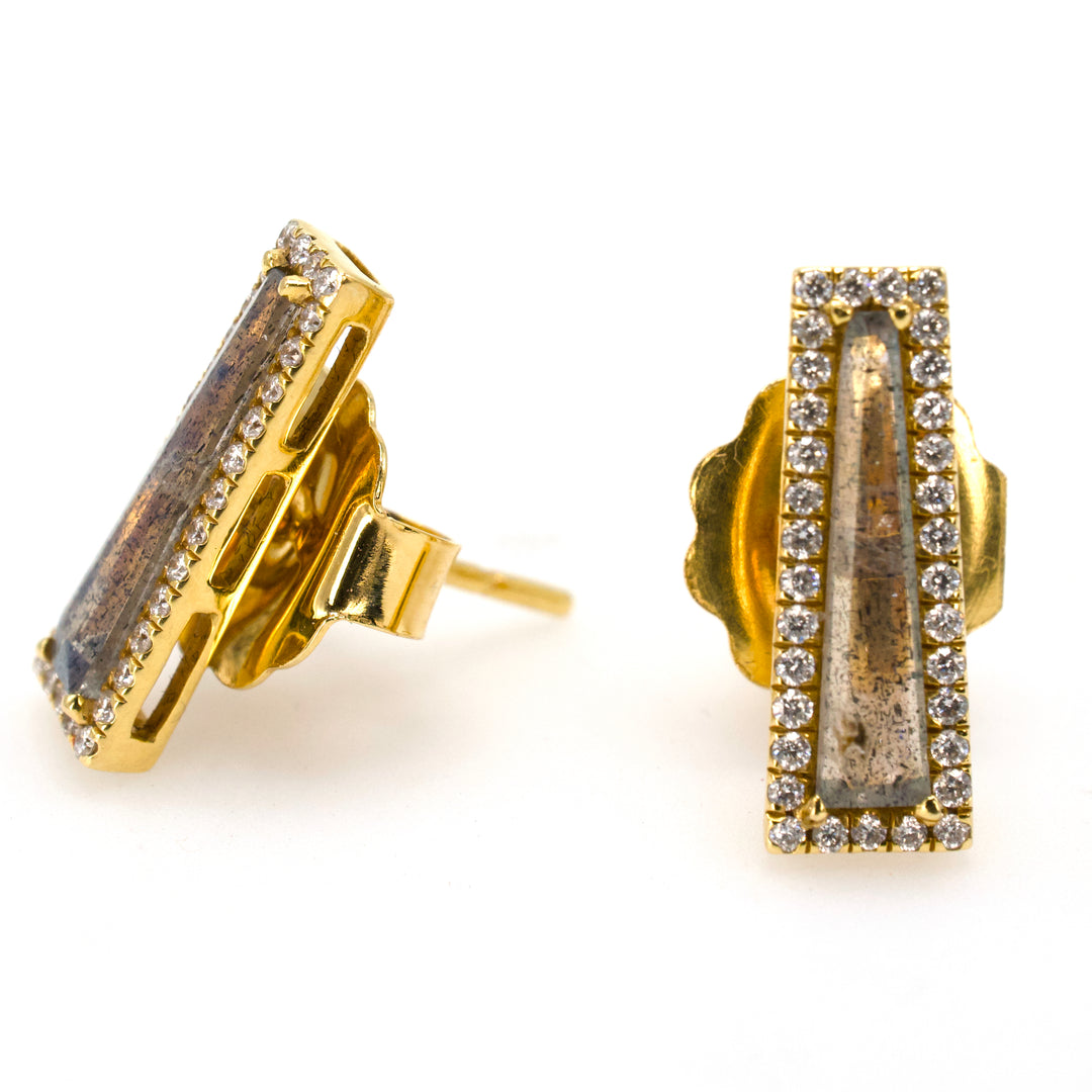 Trapezoid Cut Labradorite Stud Earrings with Diamond Surround in 18K Yellow Gold