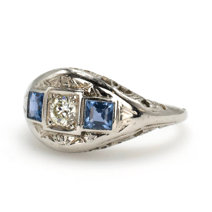 Art Deco Diamond and Sapphire Filigree Engagement Ring in 18K White Gold