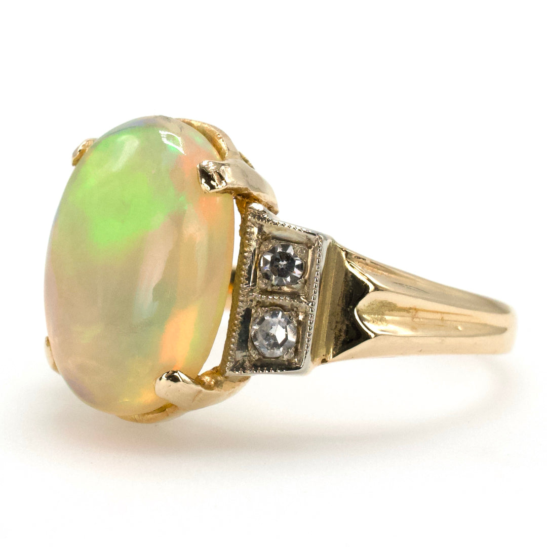 Victorian Gold Jelly Opal Ring with Single and European Cut Accent Diamonds
